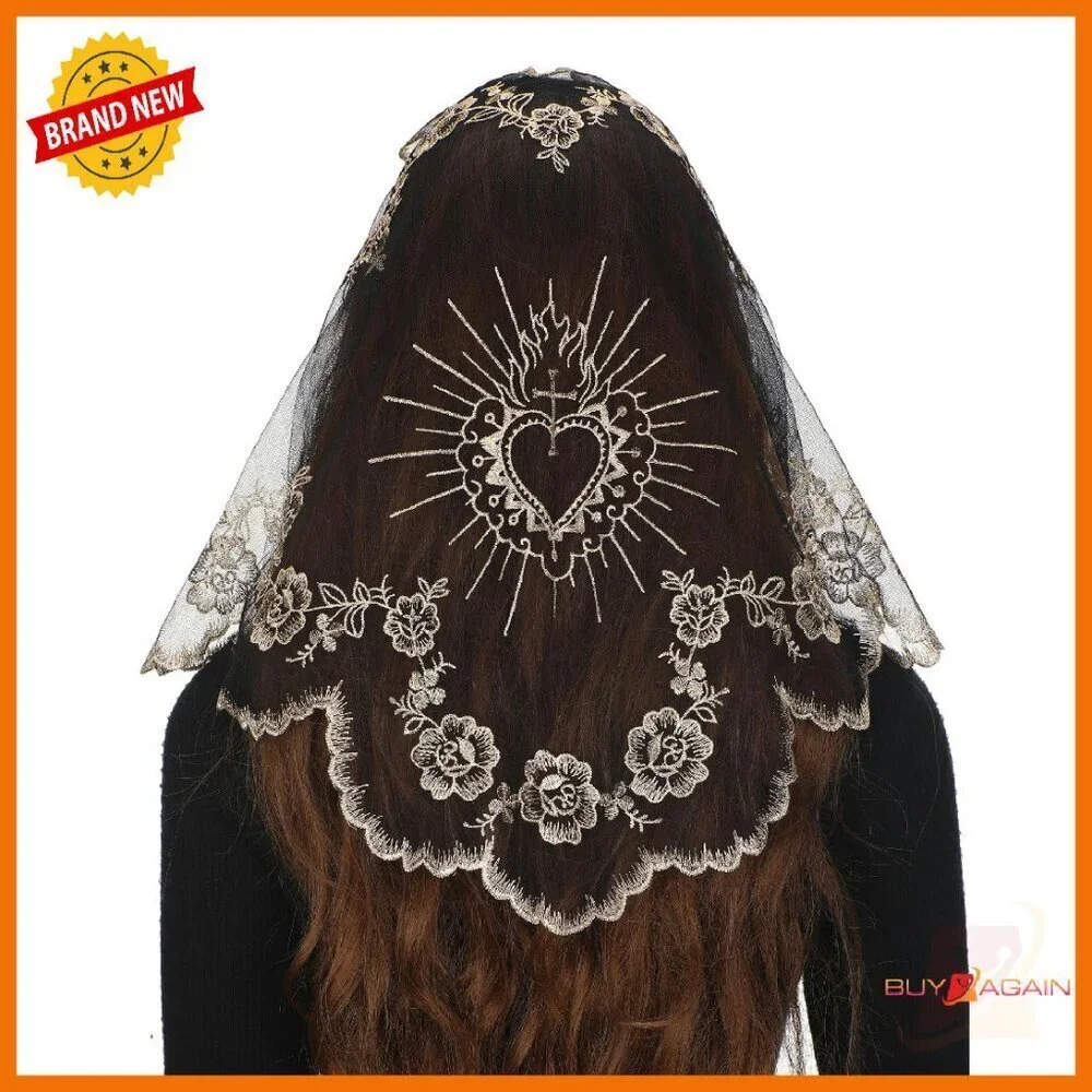 Lace Triangle Veil with Sacred Heart Camellia Embroidery for Church Wedding